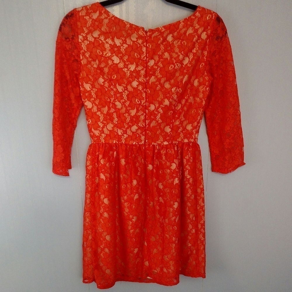 French Connection Red Lace Fit Flare Dress 3/4 Sleeve Boat Neck Evening Party - Picture 3 of 6